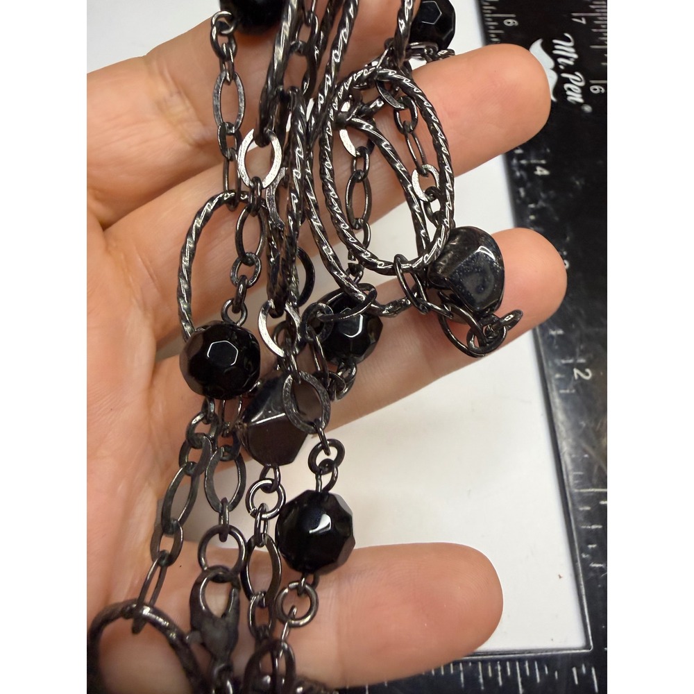 Gunmetal Tone Long Station Necklace Black Faceted Beads Textured Oval Links 42in